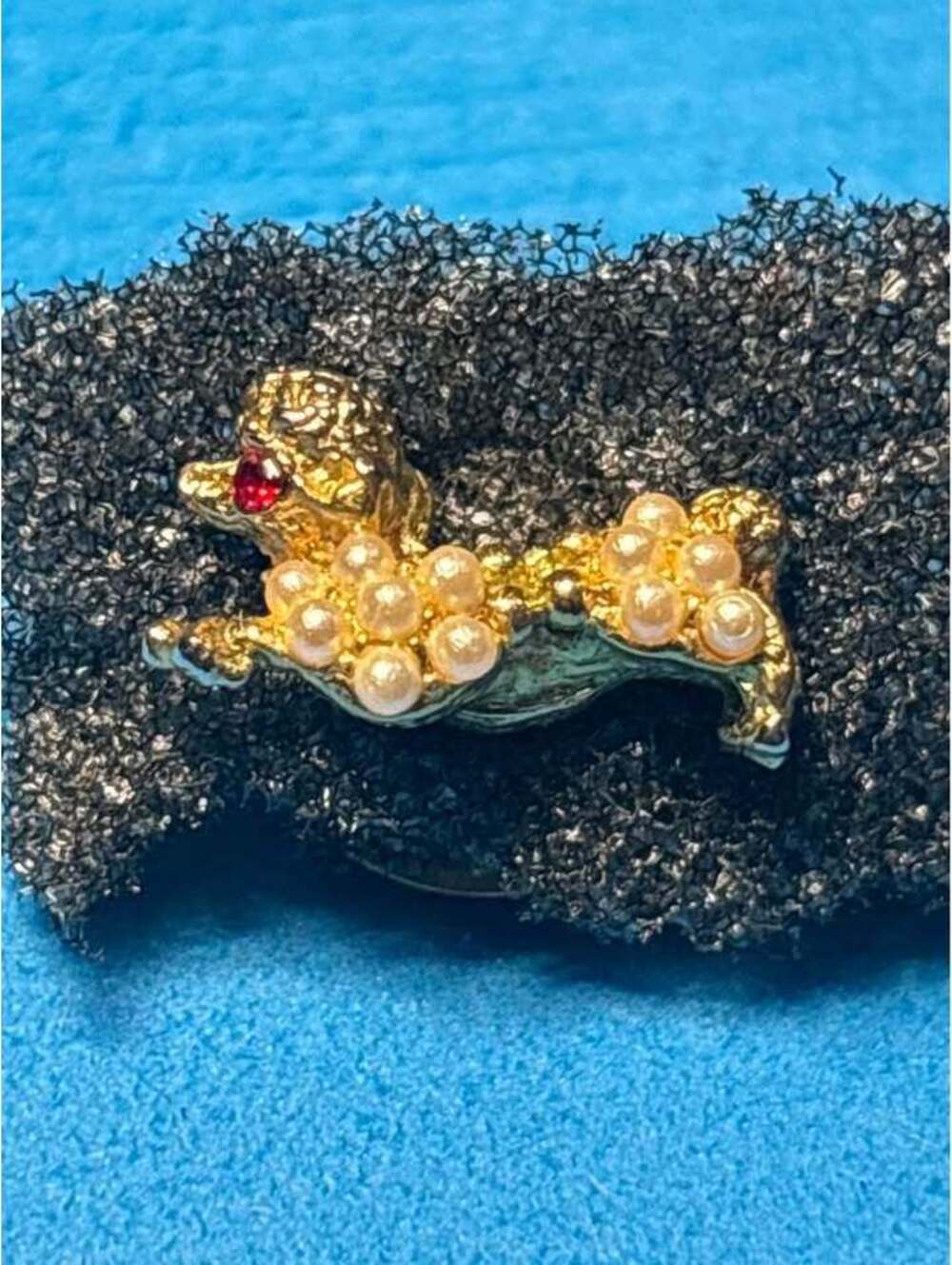 Vintage Gold Tone Poodle Pin with Faux Pearls and Red Rhinestone Eye